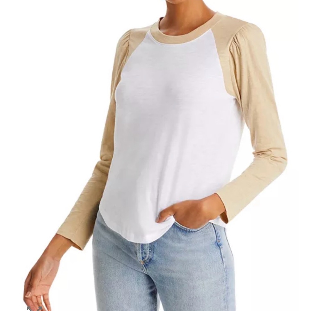 Veronica Beard White and Tan Long Sleeve Tee